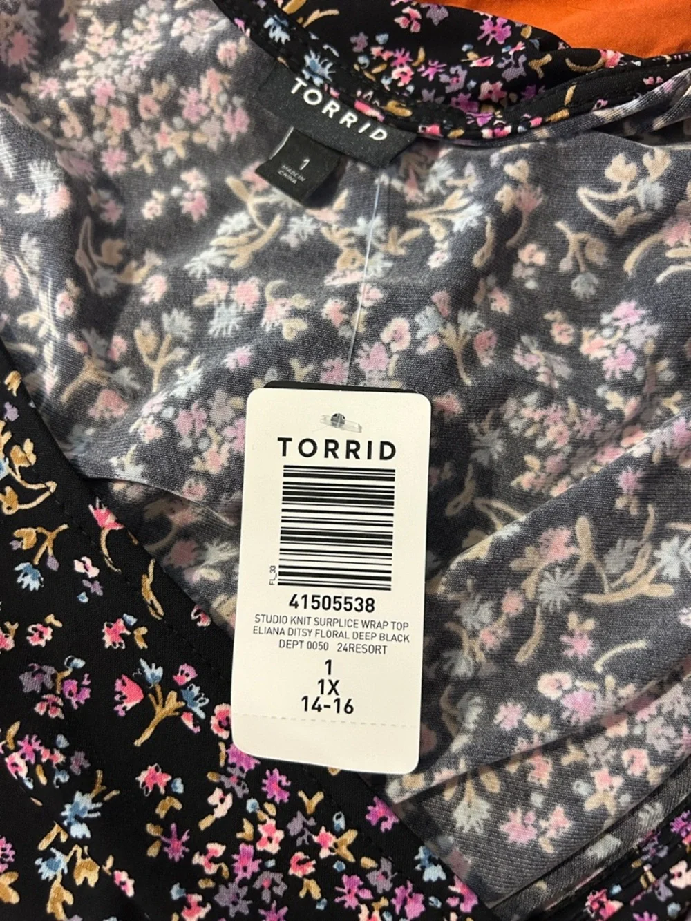 torrid Black Floral Wrap Blouse with Pink and Blue Sprigs - Picture 2 of 3